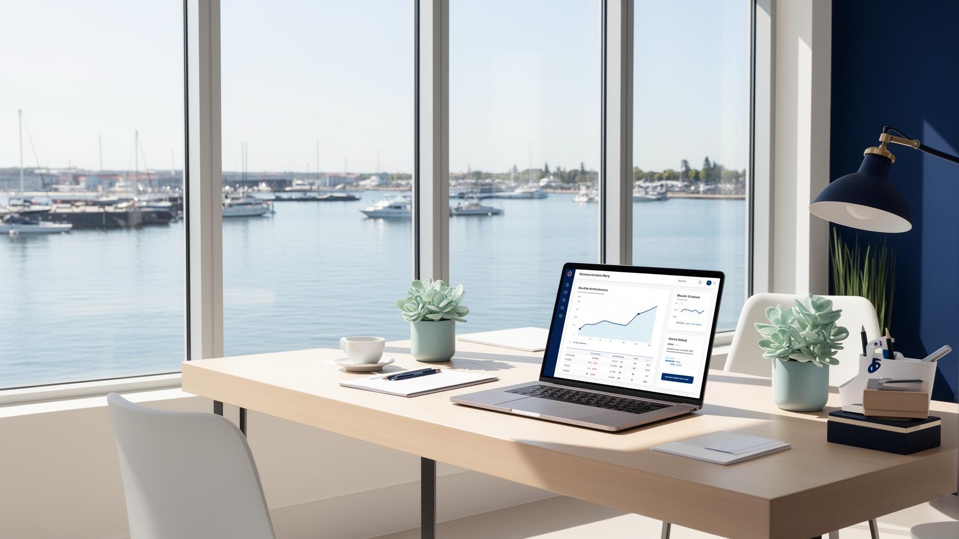 A bright modern advisory workspace overlooking a calm harbor